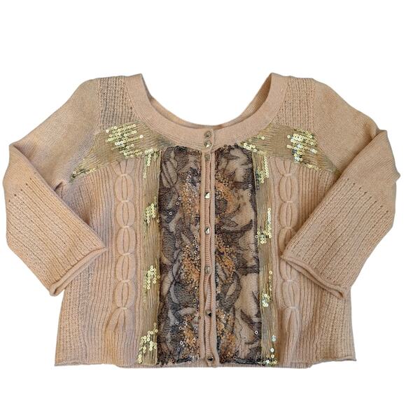 Free People Sweaters - Free People Peach/Pink Sequin Lace front 3/4 Sleeve Cardigan Sweater- M